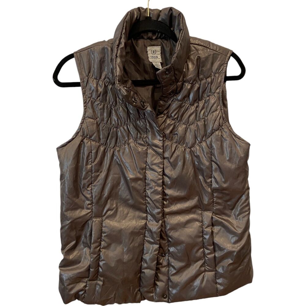 Izod Womens Puffer Vest Sz M Brown Regular Fit Full Snap Button Front High Neck